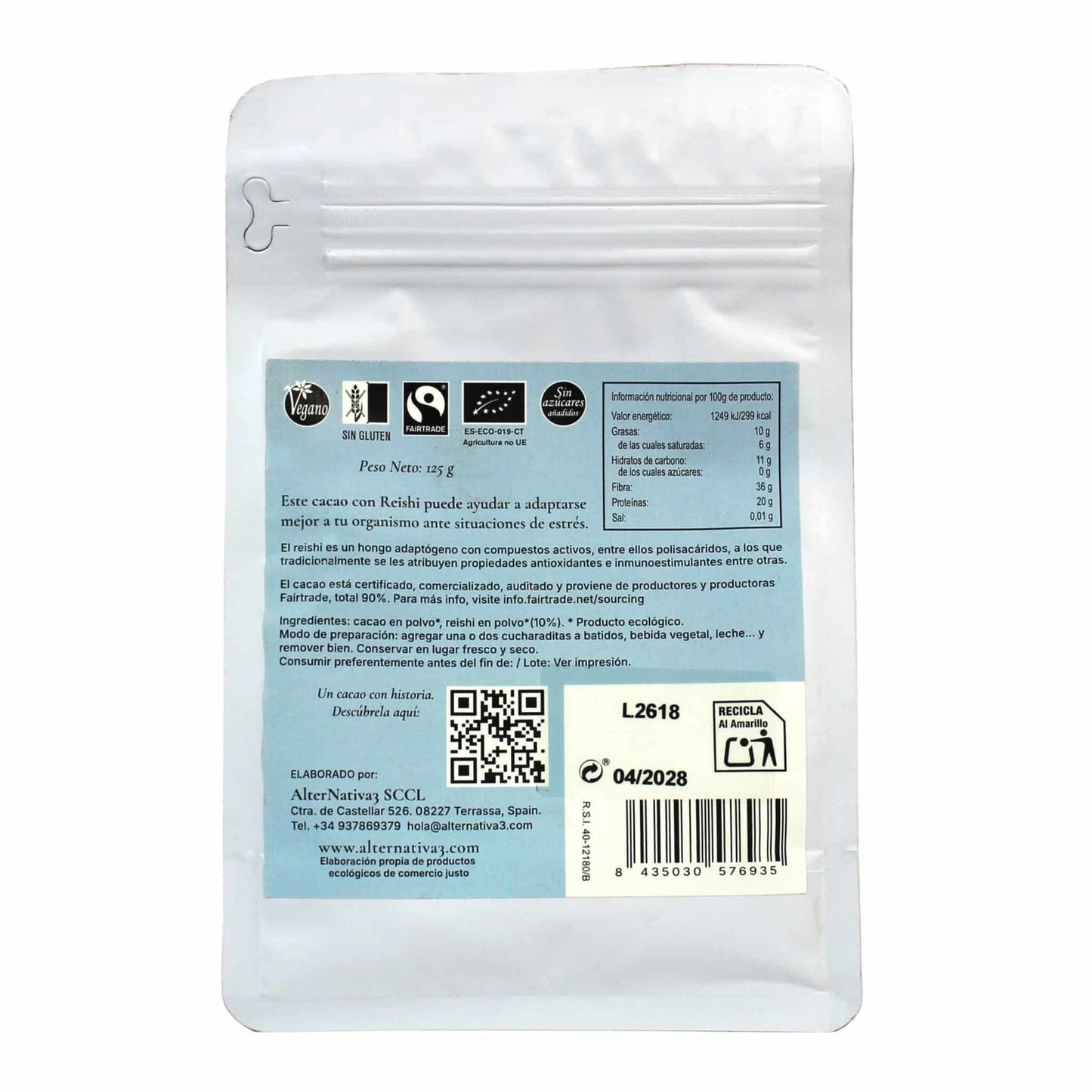 Cacao con Reishi 90% Puro BIO vegano, sin gluten y sin azúcares añadidos Alternativa3 125 g