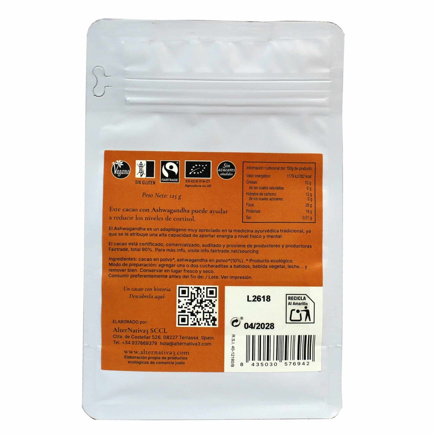 Cacao con Ashwagandhai 90% Puro BIO vegano, sin gluten y sin azúcares añadidos Alternativa3 125 g