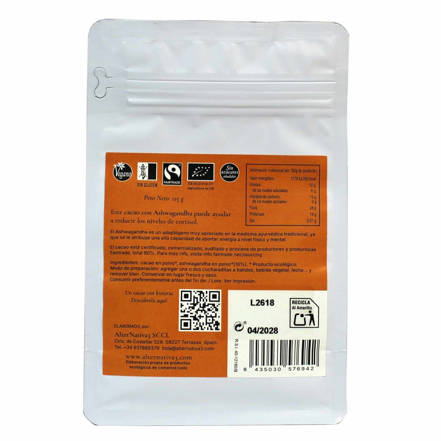 Cacao con Ashwagandhai 90% Puro BIO vegano, sin gluten y sin azúcares añadidos Alternativa3 125 g