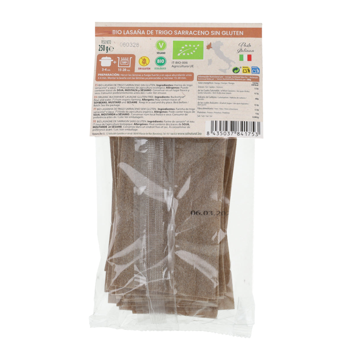 Lasaña de Trigo Sarraceno sin gluten Bio Sol Natural 250g