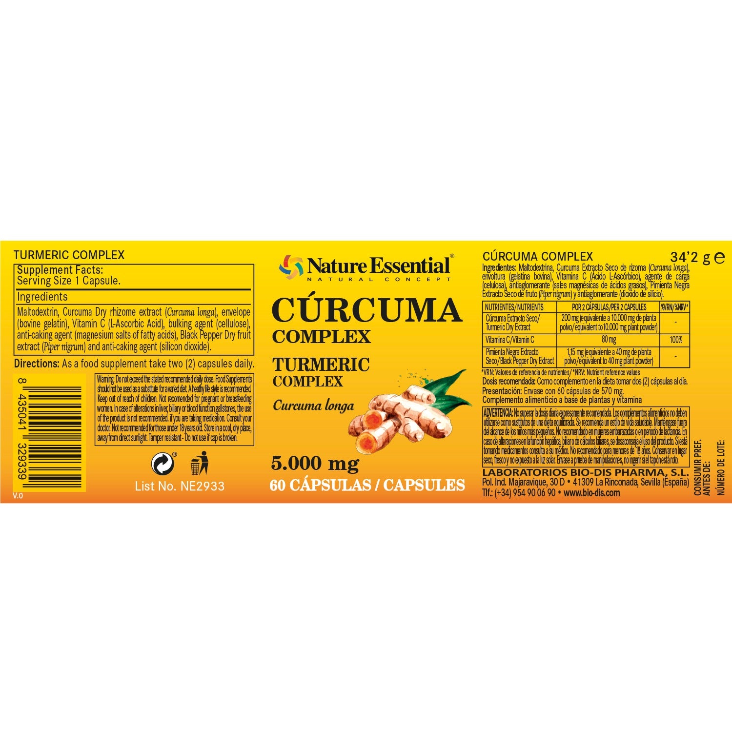 Cúrcuma 5000 mg 95% Curcuminoides + Vitamina C + Pimienta Nature Essential 60 cápsulas