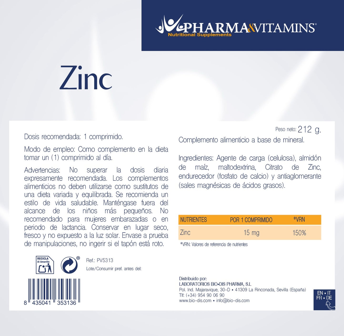 Zinc 15 mg Pharma & Vitamins 400 comprimidos