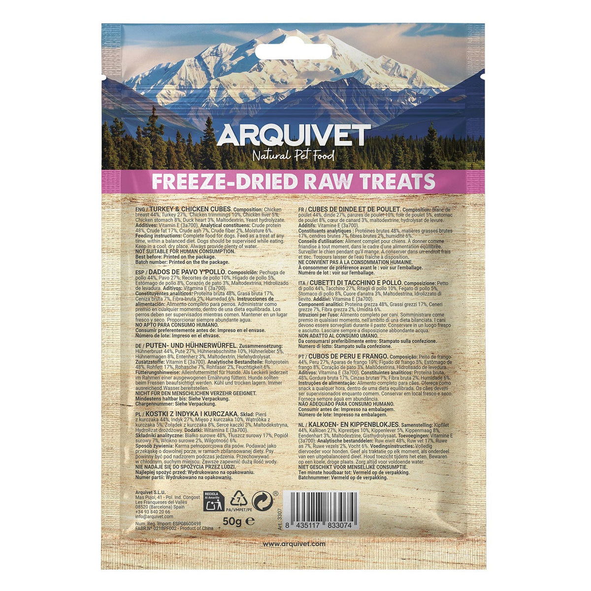 Snack Liofilizado para perros Dados de Pavo y Pollo 50gr Arquivet