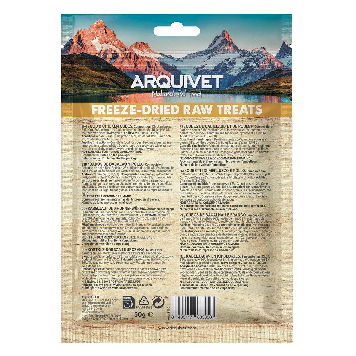 Snack Liofilizado para perros Dados de Bacalao y Pollo 50gr Arquivet