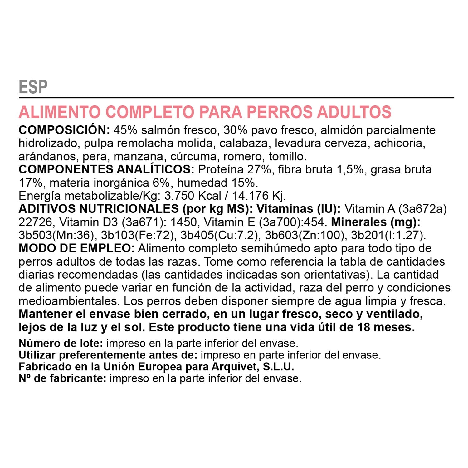 Alimento semihúmedo para perros Fresh Salmon & Turkey Arquivet 10 Kg