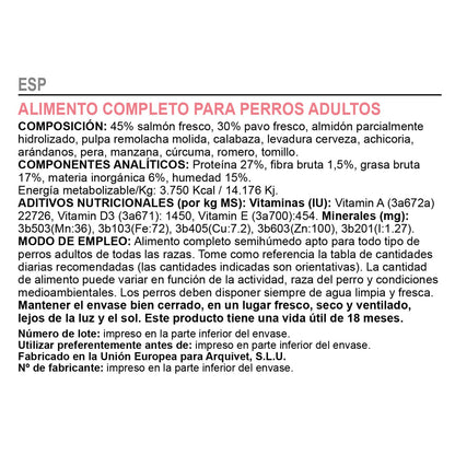 Alimento semihúmedo para perros Fresh Salmon & Turkey Arquivet 10 Kg