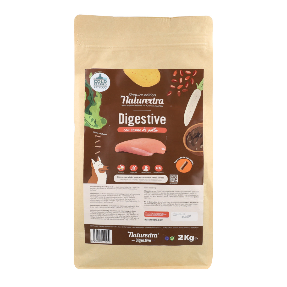 Pienso prensado en frío en Pellets Mini Digestive para perros con pollo 2 kg NaturExtra