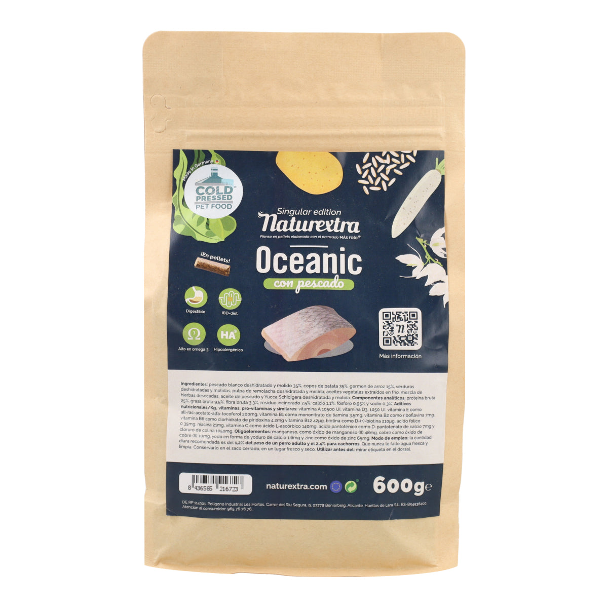 Pienso prensado en frío en Pellets Oceanic para perros con pescado blanco 600 g NaturExtra
