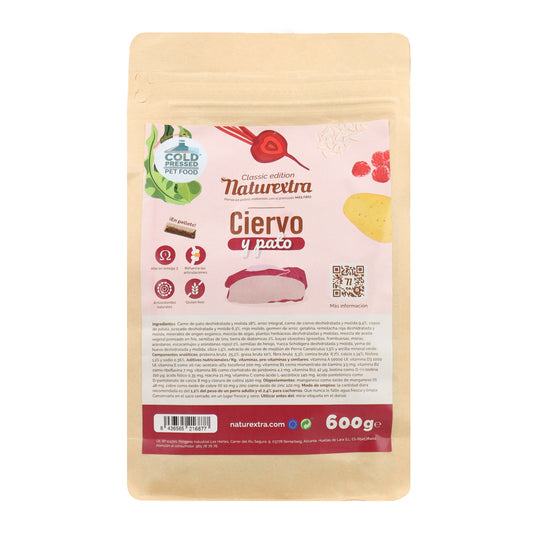Pienso prensado en frío en Pellets para perros con ciervo y pato 600 g NaturExtra