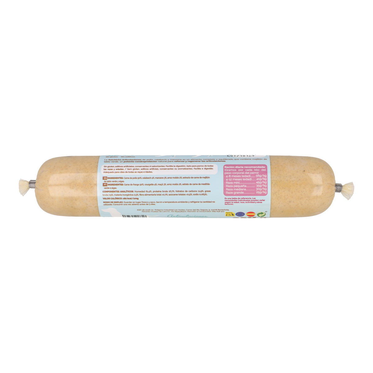 Salchicha funcional para perros para las articulaciones con pollo, calabacín y manzana 250 g NaturExtra