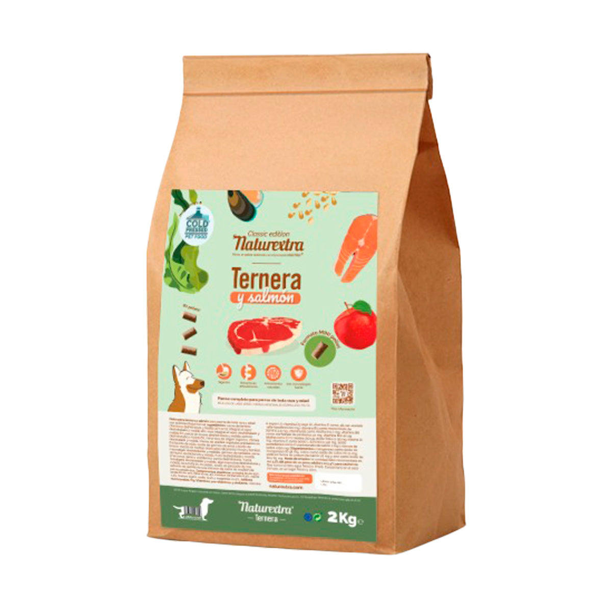 Pienso prensado en frío en Pellets Mini para perros con ternera y salmón 2 kg NaturExtra