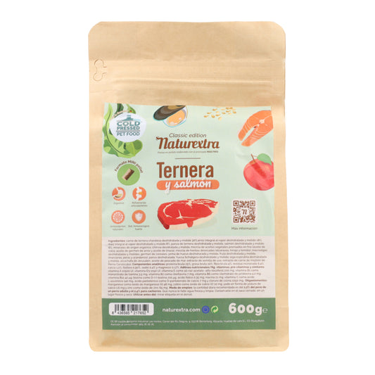Pienso prensado en frío en Pellets Mini para perros con ternera y salmón 2 kg NaturExtra