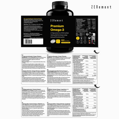Omega 3 Premium 1000 mg 500 mg EPA 250 mg DHA Zenement 120 cápsulas blandas