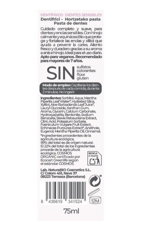 Dentífrico dientes sensibles hinojo & equinacea bio Naturabio 75 ml