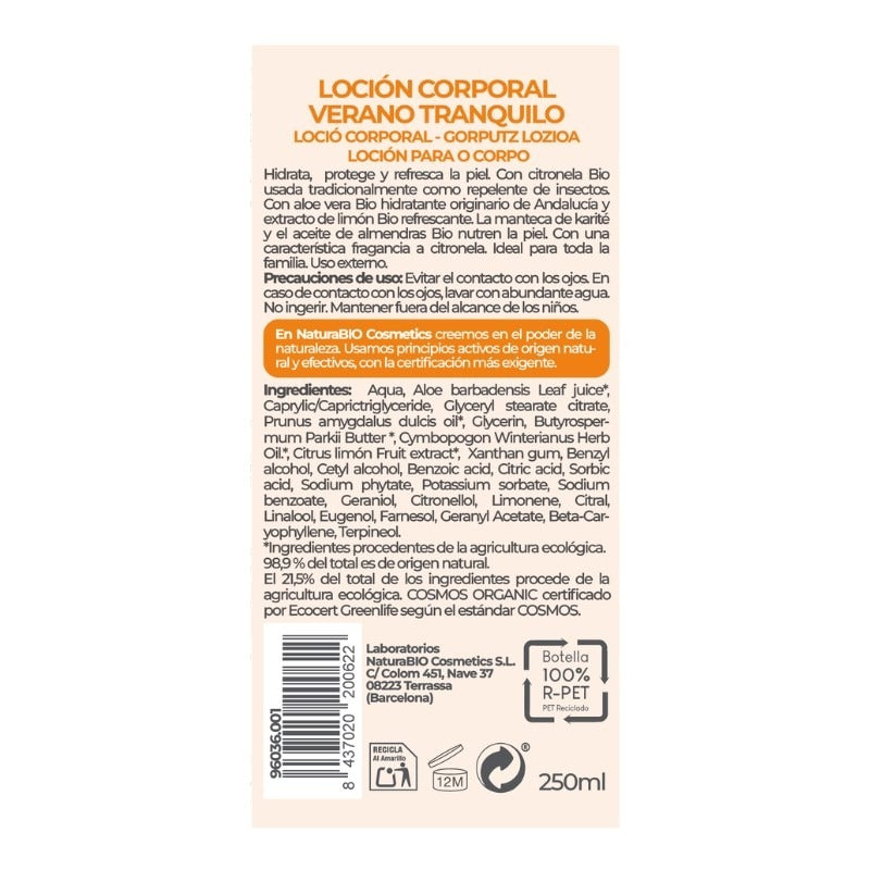 Loción corporal verano tranquilo Citronela NaturaBIO 250 ml