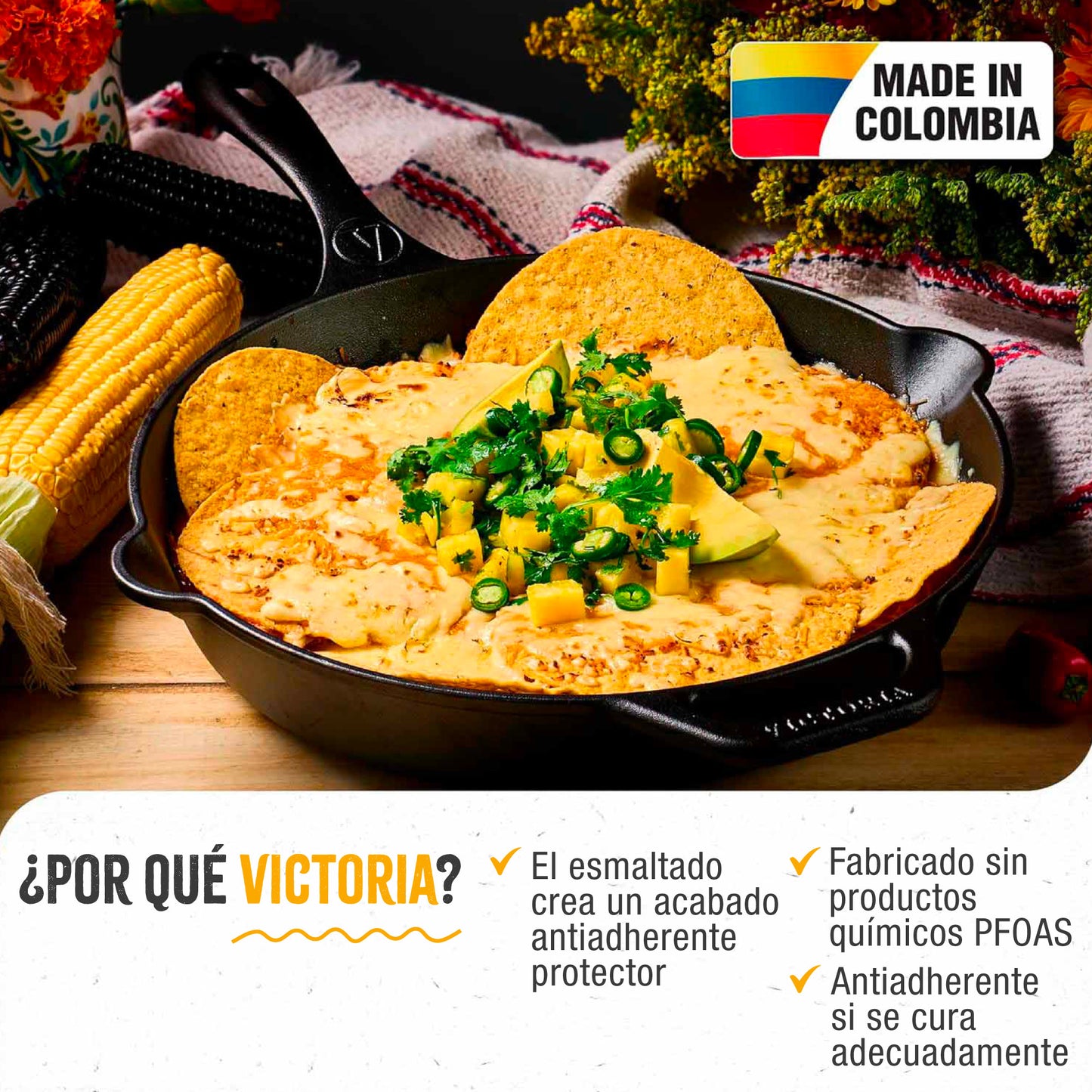 Victoria Sartén Hierro Fundido Esmaltado Diseño Calaca Inducción 30cm Apta Fuego, Horno Cast Iron Skillet, Calaca, Negro_1