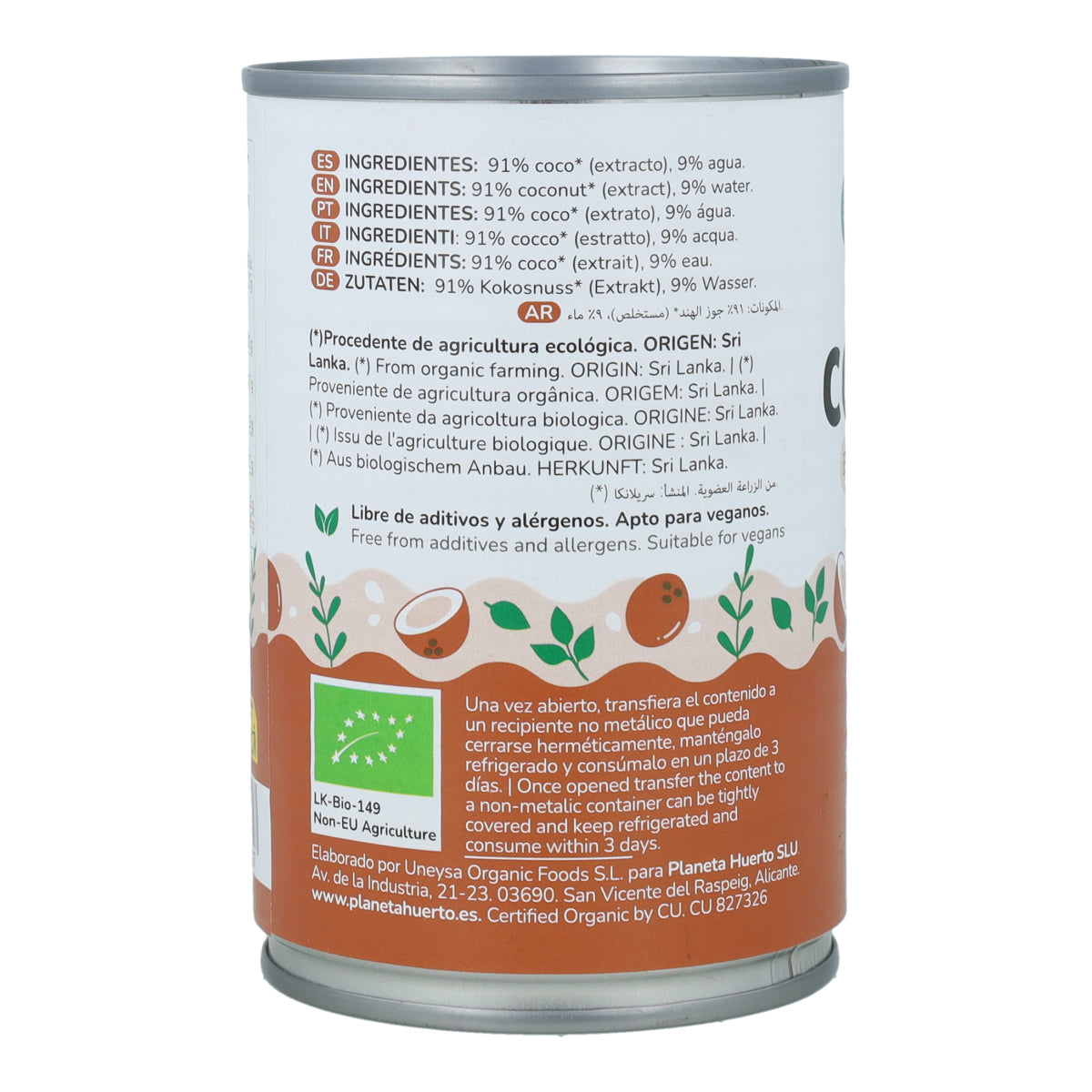 Crema de coco concentrada 91% para cocinar ECO Planeta Huerto 400 ml