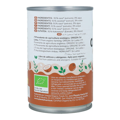 Crema de coco concentrada 91% para cocinar ECO Planeta Huerto 400 ml
