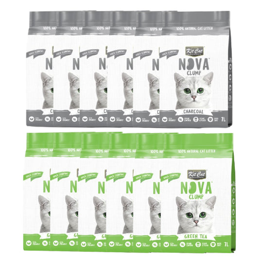 Kit Cat Nova Pack Ahorro Control Olores 12 - (6 Green Tea - 6 Charcoal) 7 L Arena Vegetal para gatos