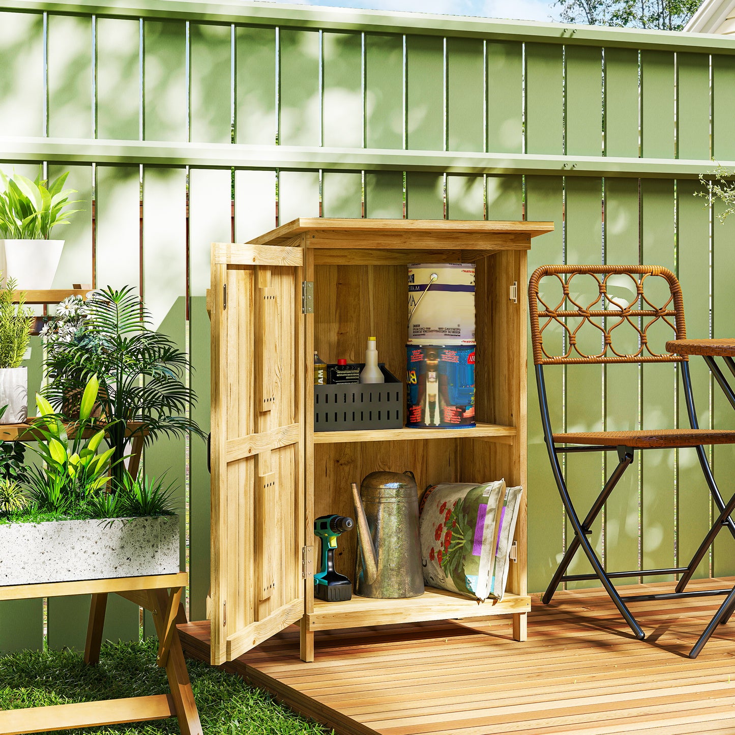 Outsunny Caseta De Jardín De Madera 63,5x40x90 Cm Con 2 Estantes Puerta Natural_1