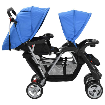 Vidaxl Carrito Para 2 Niños Tandem De Acero Azul Y Negro_3