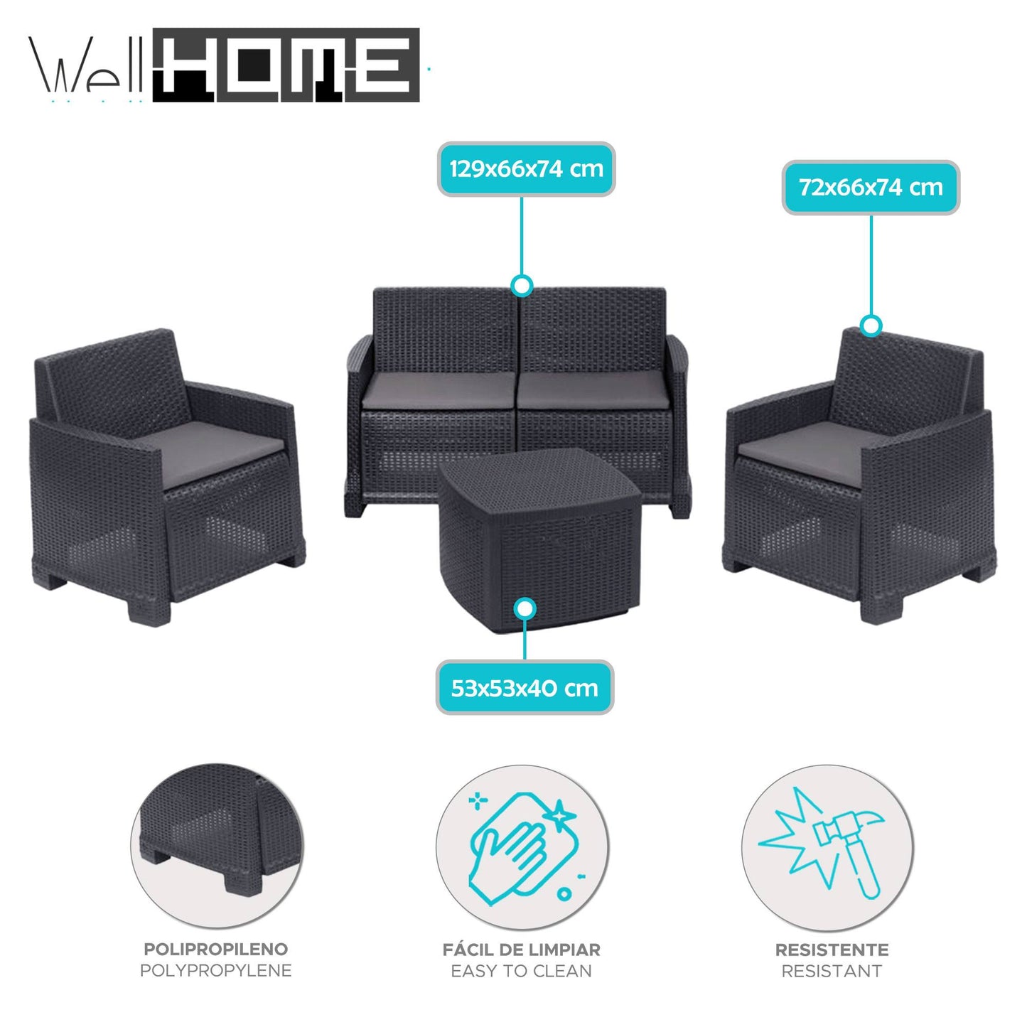 Well Home - Juego De Jardín Mesa, 2 Sillas Y Banco Con Almohadillas Grises_1