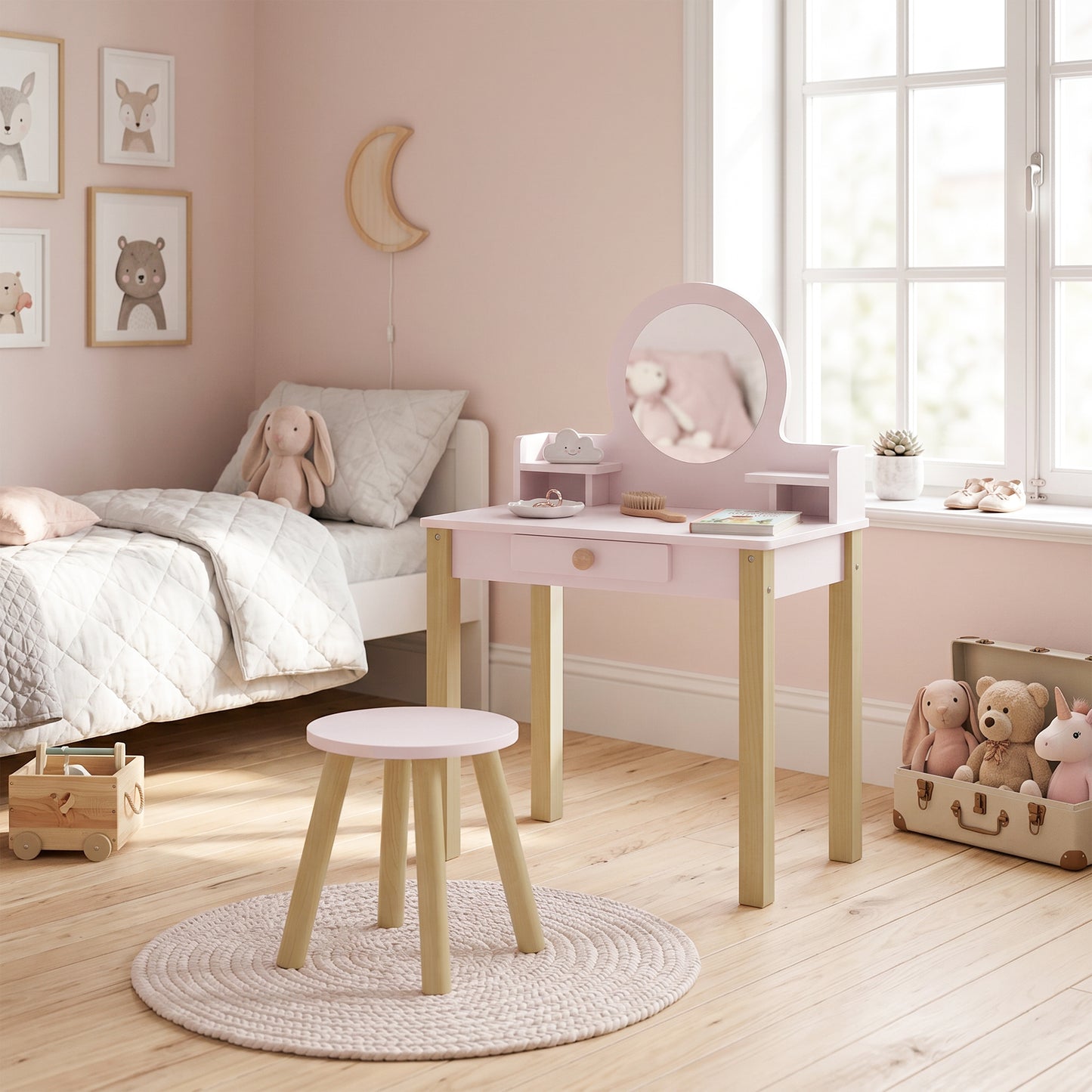 Aiyaplay Tocador De Maquillaje Niña Con Taburete Espejo Y Cajón Rosa_1