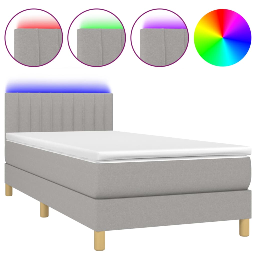 Cama Box Spring Con Colchón Tela Y Led Gris Claro 100x200 Cm / Vetonek_0