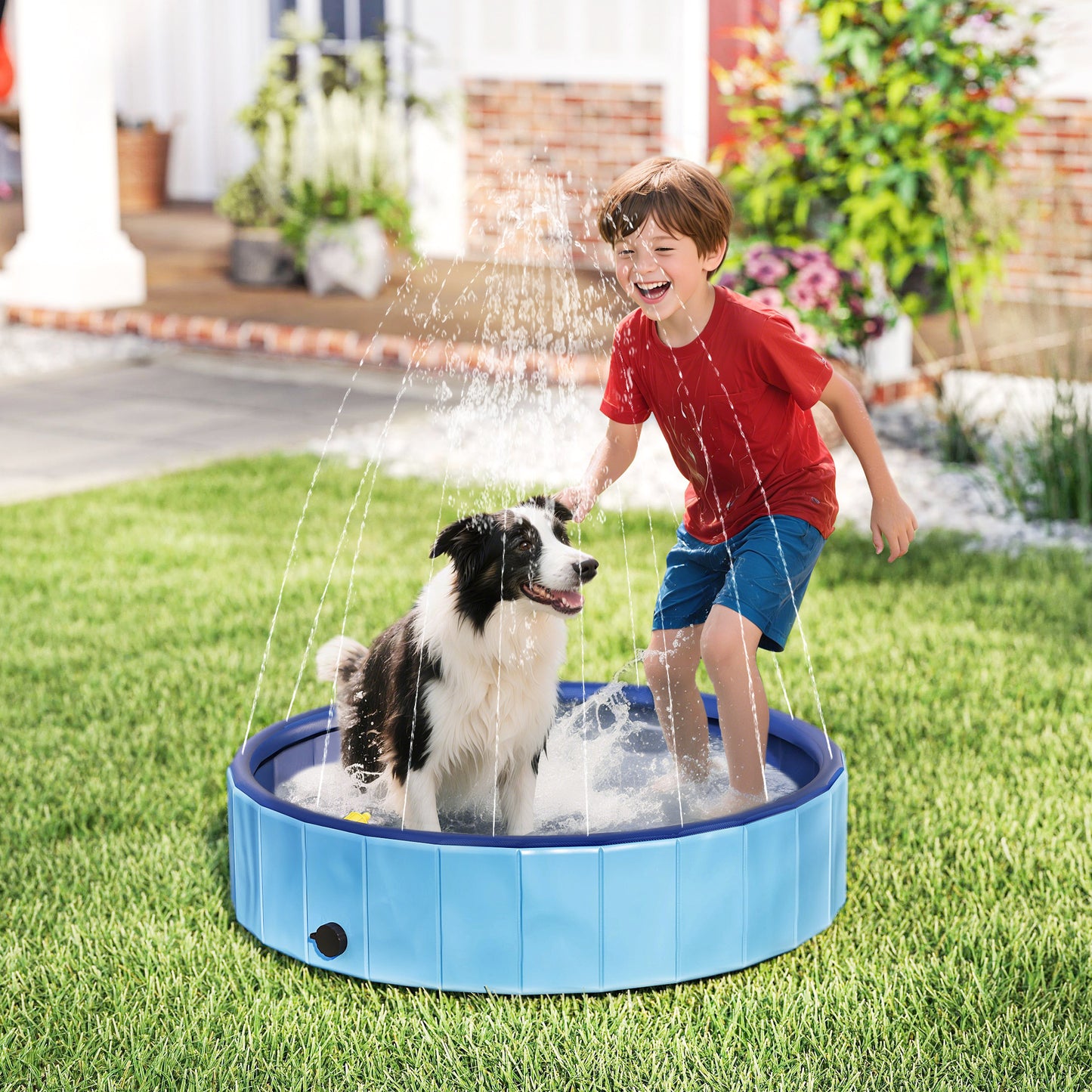 Pawhut Piscina Para Perros Plegable Con Aspersor Antideslizante Resistente Azul_1