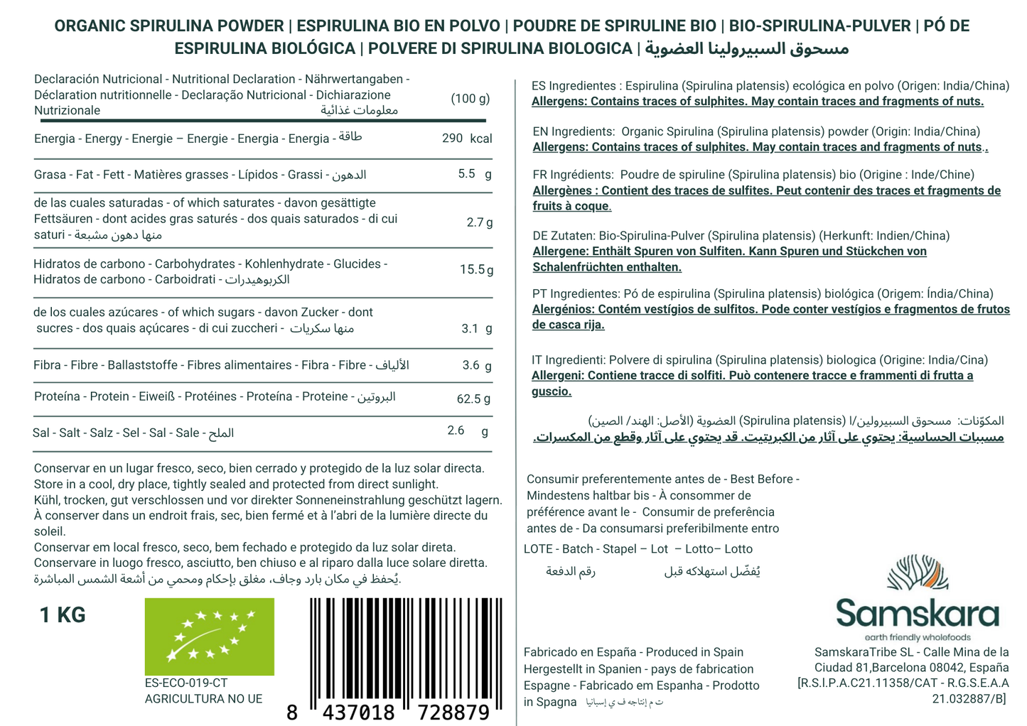 Espirulina En Polvo Bio - 250g | Superalimento Ecológico Vegano Para Batidos, Smoothies Y Zumos, Sin Azúcares Añadidos_1