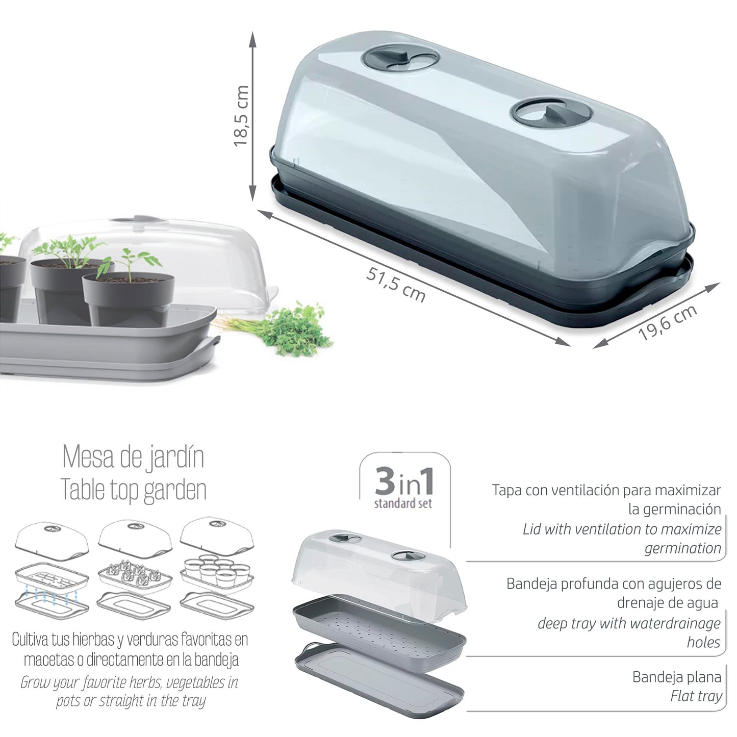 Semillero/bandeja Multiusos Respana Table Greenhouse, Dimensiones (mm) 515x196x185, Color Antracita_2