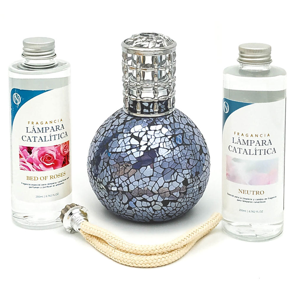 Pack Lámpara Catalítica Mosaico Azul Océano + Fragancia Bed Of Roses 200ml + Limpiador Neutro 200ml + Mecha De Repuesto_0