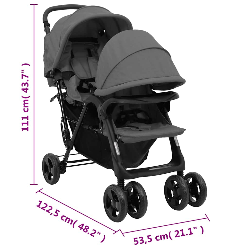 Vidaxl Carrito Para Gemelos Tandem De Acero Gris Oscuro_2