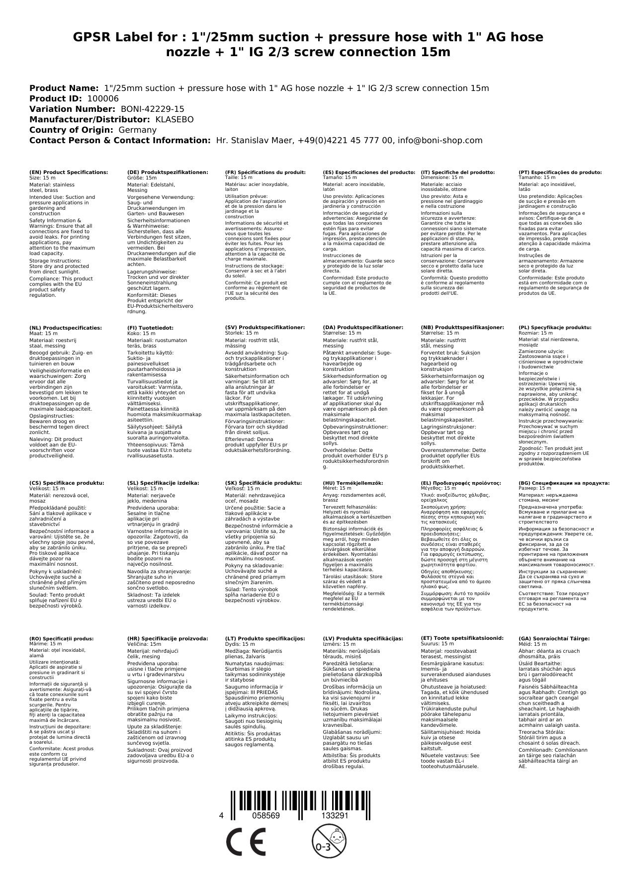 1/25mm Manguera De Succión Y Presión Con Boquilla De Manguera De 1 Ag + Conexión De 1 Ig 2/3 15m