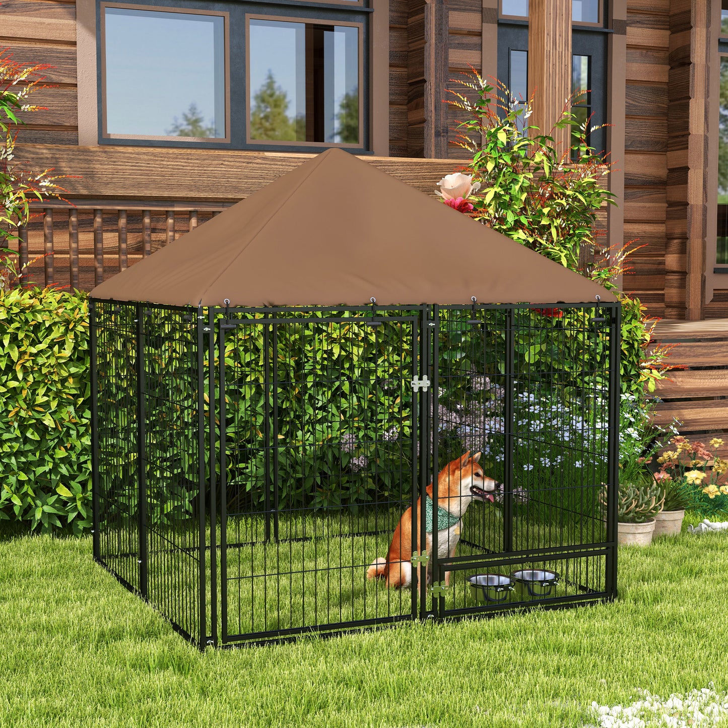 Pawhut Perrera Con Toldo Y 2 Cuencos Para Exterior 141x141x151 Cm Negro_1