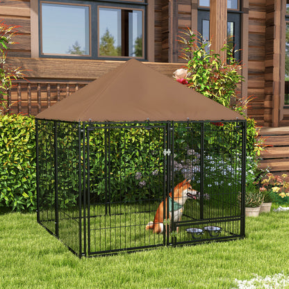 Pawhut Perrera Con Toldo Y 2 Cuencos Para Exterior 141x141x151 Cm Negro_1