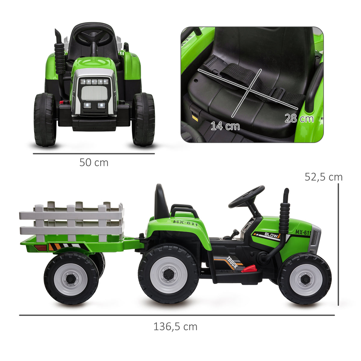 Coche De Batería Infantil Homcom Pp, Metal Verde 136.5x50x52.5 Cm_2