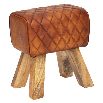 Taburete Cuero Real Y Madera Maciza 40x48x27 Cm_0