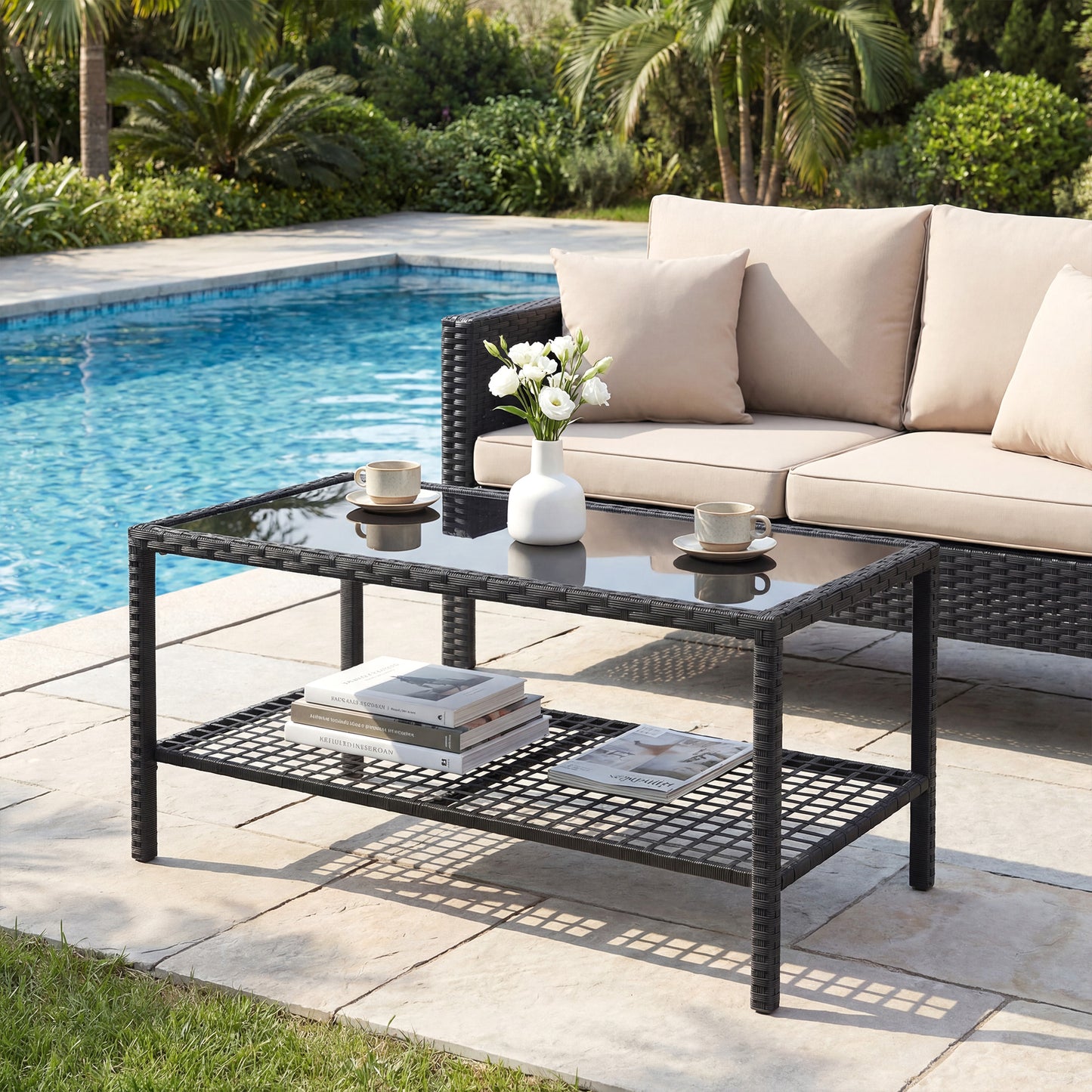 Outsunny Mesa De Jardín De Ratán Con Estante Tablero De Vidrio Templado Negro_4