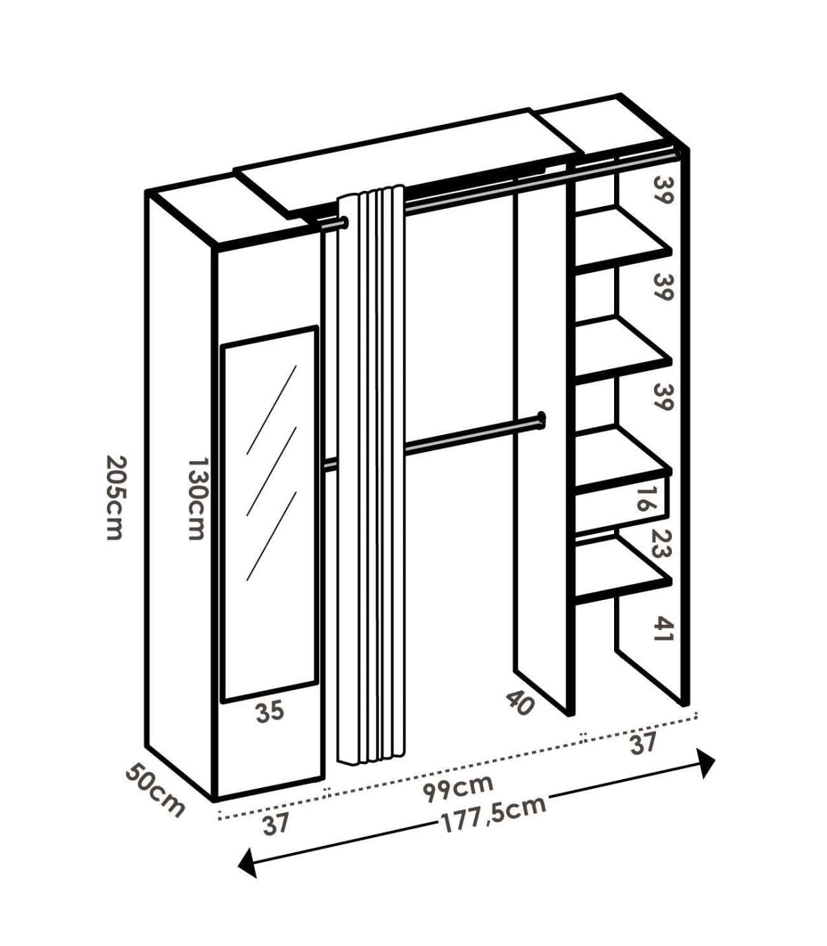 Vestidor Rus I Con Columna Cerrada Espejo Cortina Y Baldas En Blanco 205 Cm(alto)177,4 Cm_3