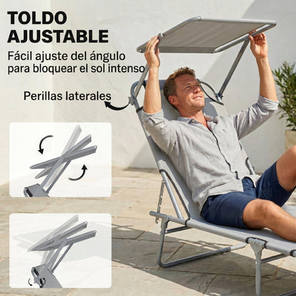 Outsunny Tumbona De Jardín Plegable Con Toldo Desmontable 187x58x36cm Gris Claro_3