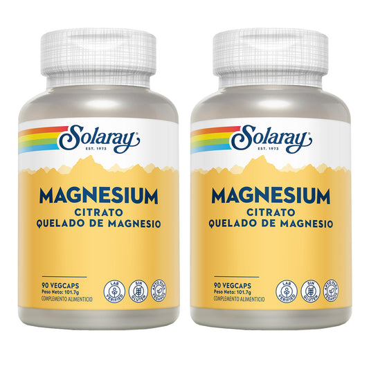 Pack 2x Magnesium Citrate - Magnesio- Solaray 90 VegCaps. Sin Gluten. Apto Para Veganos