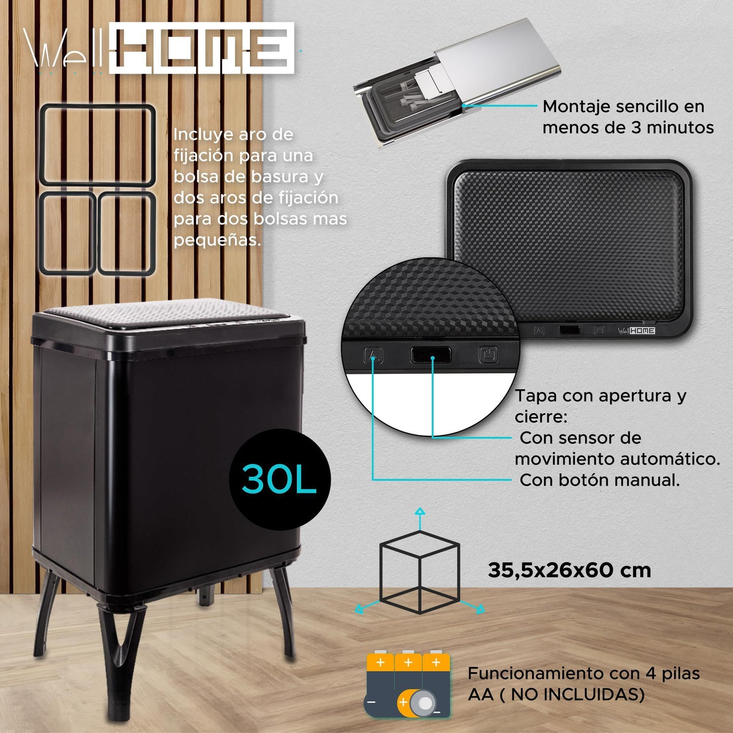 Wellhome Cubo Inteligente Apertura Automática Y Manual 30l Negro