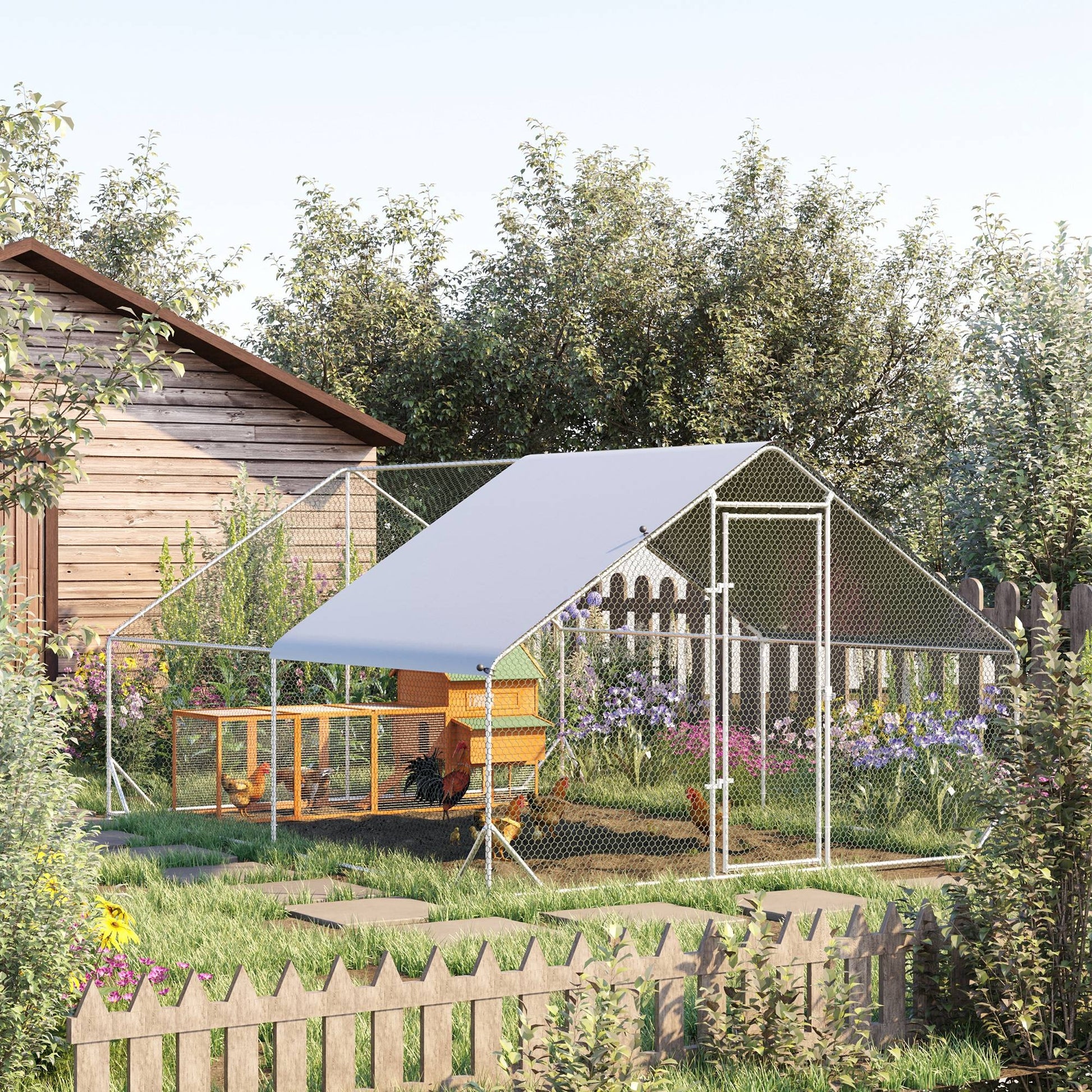 Pawhut Gallinero Para Exterior 3x4x2m Con Cubierta De Pe Y Cerradura Plata_1