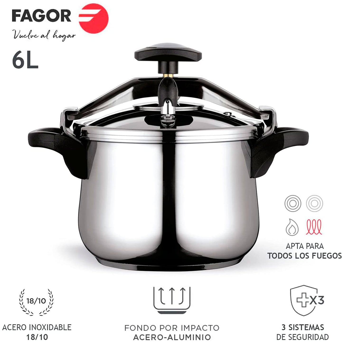 Olla Presión 6 Litros, Inducción, Express, Acero Inox. 18/10 Todas Cocinas, Fondo Termodifusor Fagor Clásica Bombe 6 Plata_1