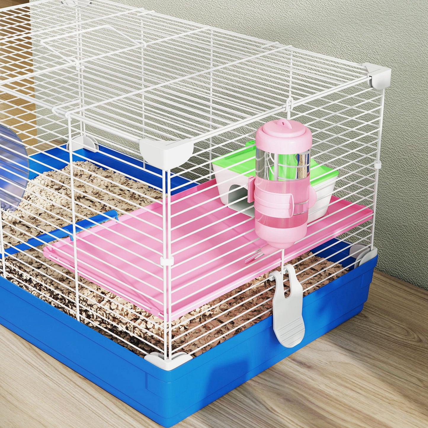 Pawhut Jaula Para Hámster Con Rueda De Ejercicio Cuenco Bebedero Casita Azul_4