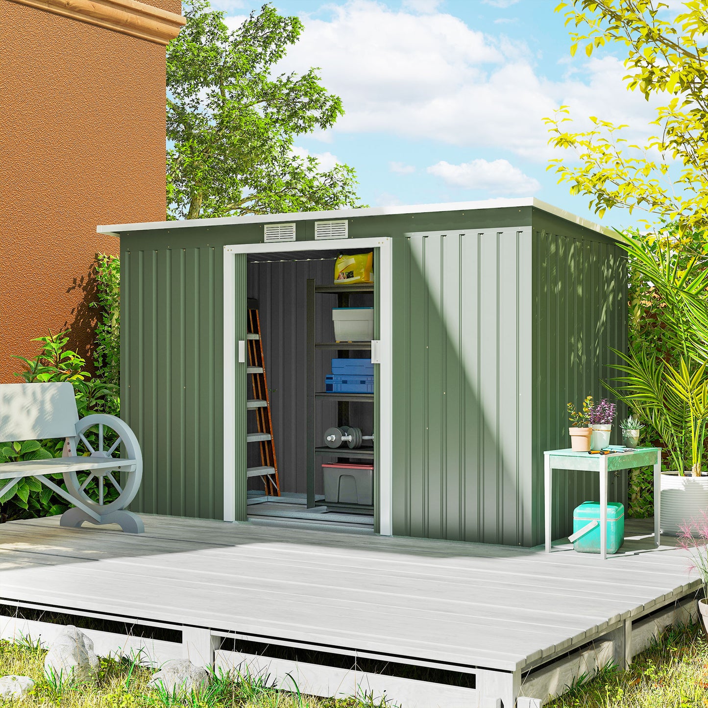 Outsunny Cobertizo De Jardín 280x130x172 Cm Base De 3,2 M² Con 2 Puertas Verde_1