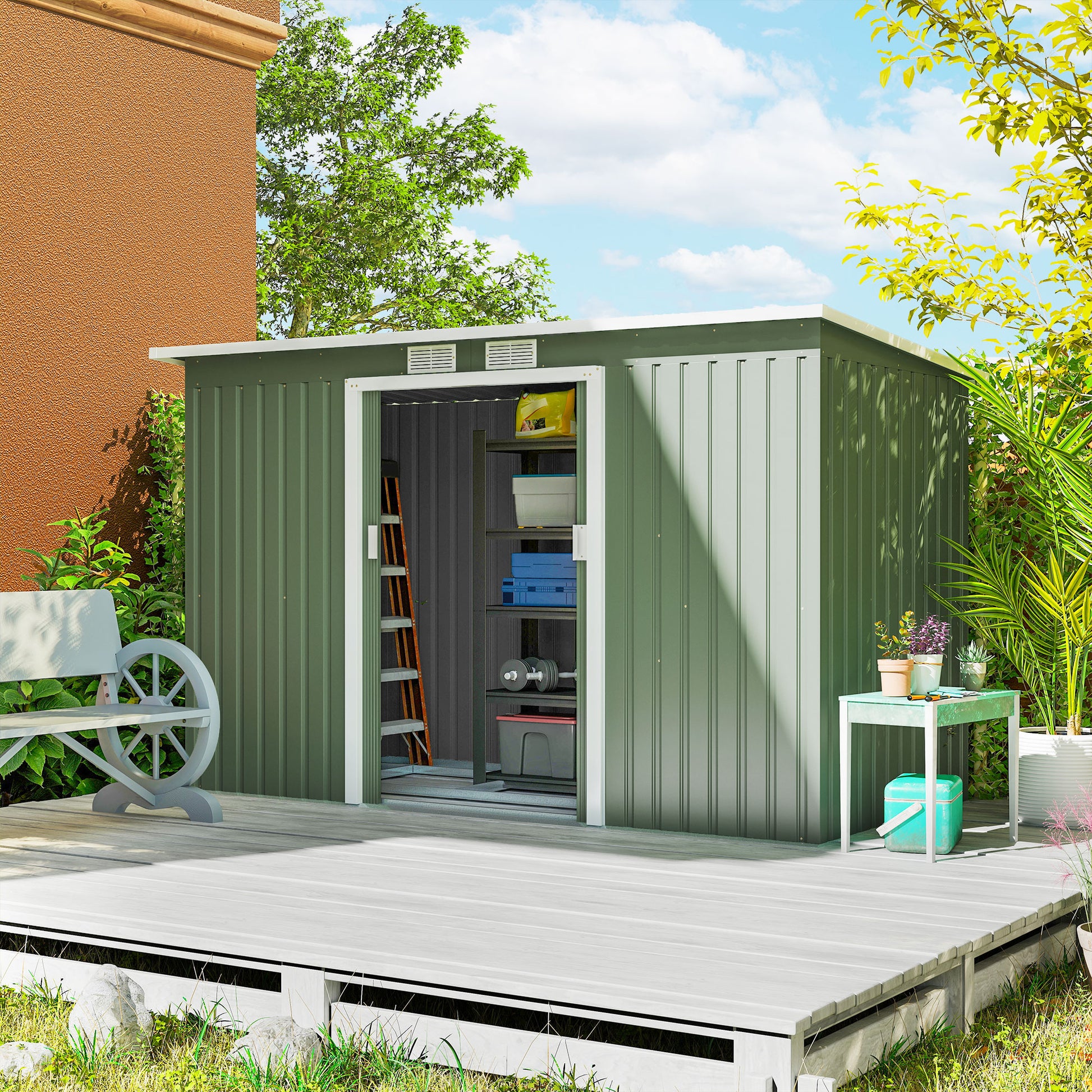 Outsunny Cobertizo De Jardín 280x130x172 Cm Base De 3,2 M² Con 2 Puertas Verde_1