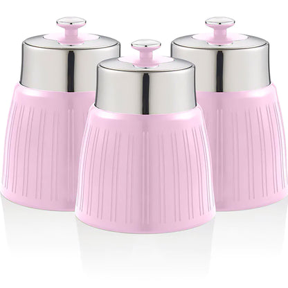 Set 3 Botes Cocina Almacenaje 1,2 L, Plástico Y Acero Inox, Especias, Té ,café, Retro, Vintage Swan Swka1024pn, Rosa