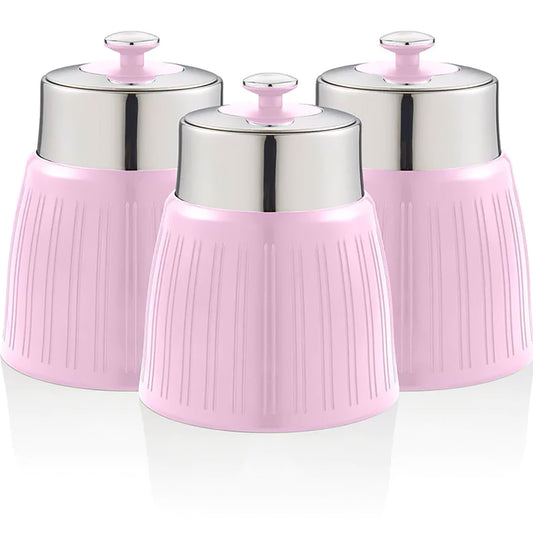 Set 3 Botes Cocina Almacenaje 1,2 L, Plástico Y Acero Inox, Especias, Té ,café, Retro, Vintage Swan Swka1024pn, Rosa